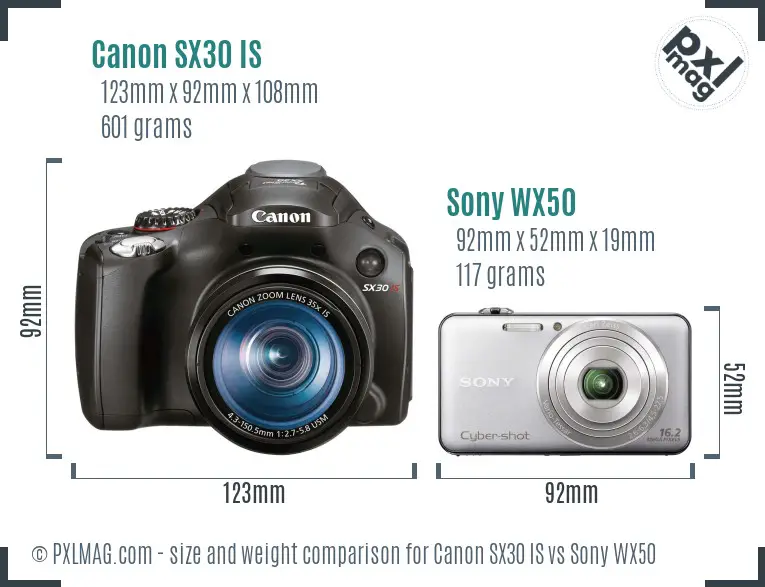 Canon SX30 IS vs Sony WX50 size comparison