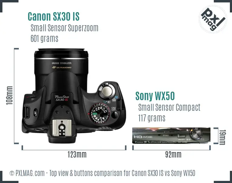 Canon SX30 IS vs Sony WX50 top view buttons comparison