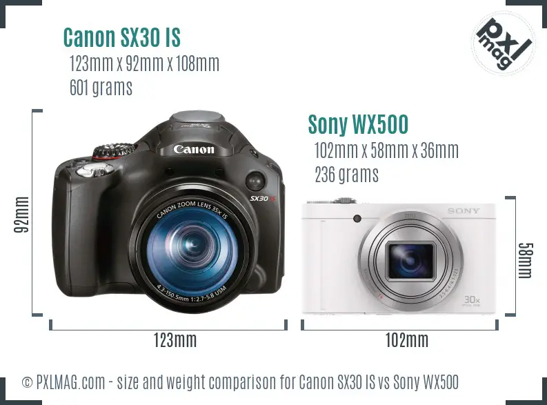 Canon SX30 IS vs Sony WX500 size comparison Canon SX30 IS vs Sony WX500 size comparison