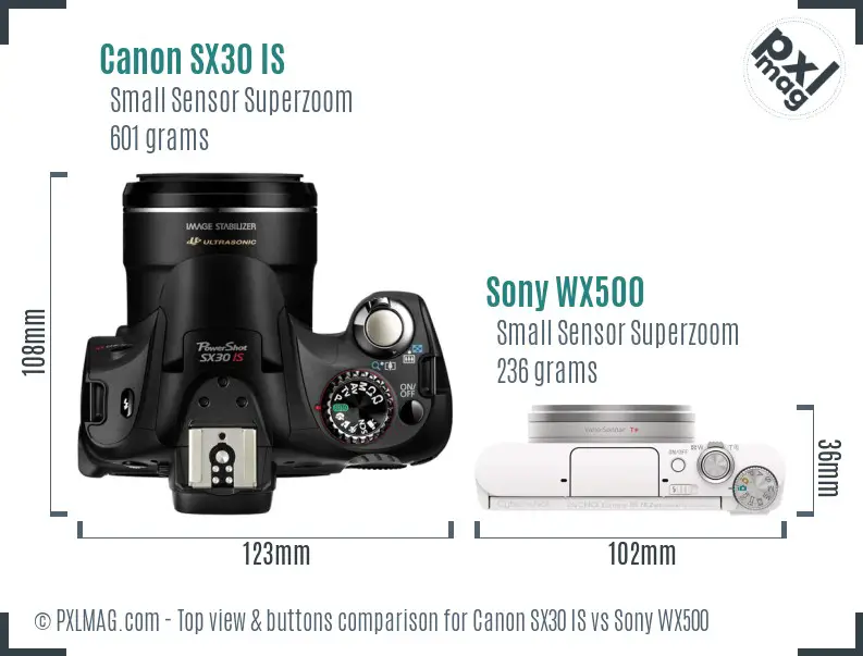 Canon SX30 IS vs Sony WX500 top view buttons comparison Canon SX30 IS vs Sony WX500 top view buttons comparison