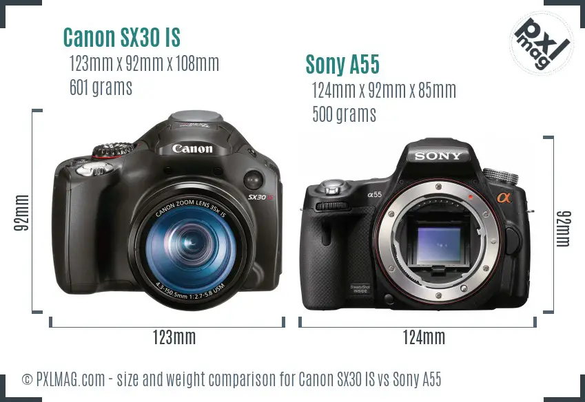 Canon SX30 IS vs Sony A55 size comparison Canon SX30 IS vs Sony A55 size comparison