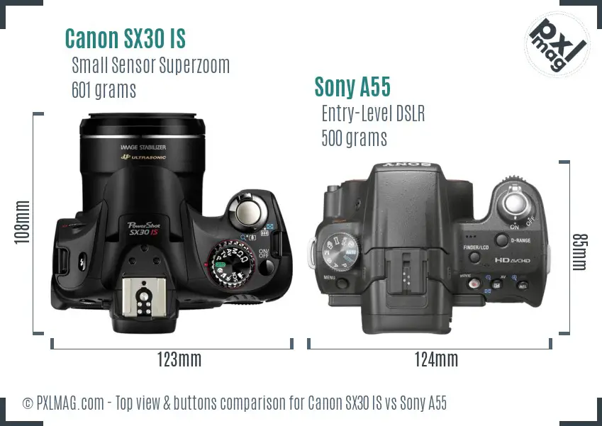 Canon SX30 IS vs Sony A55 top view buttons comparison Canon SX30 IS vs Sony A55 top view buttons comparison