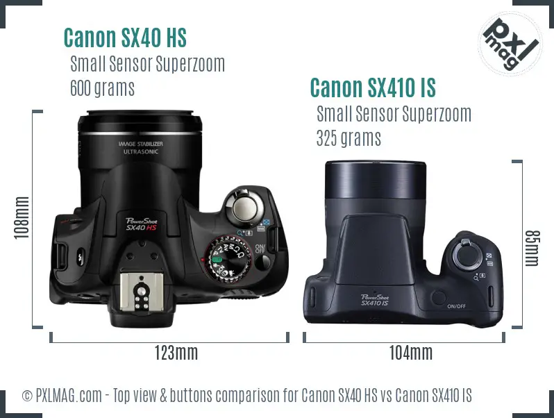 Canon SX40 HS vs Canon SX410 IS top view buttons comparison