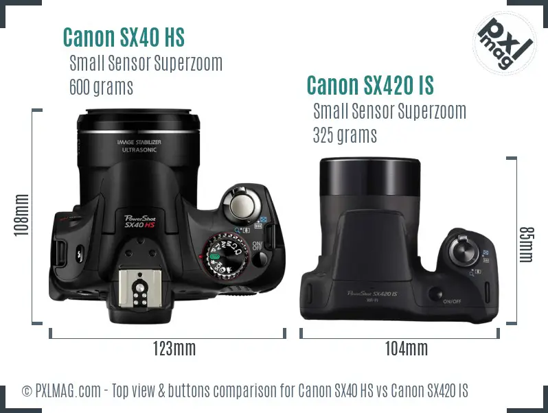 Canon SX40 HS vs Canon SX420 IS top view buttons comparison