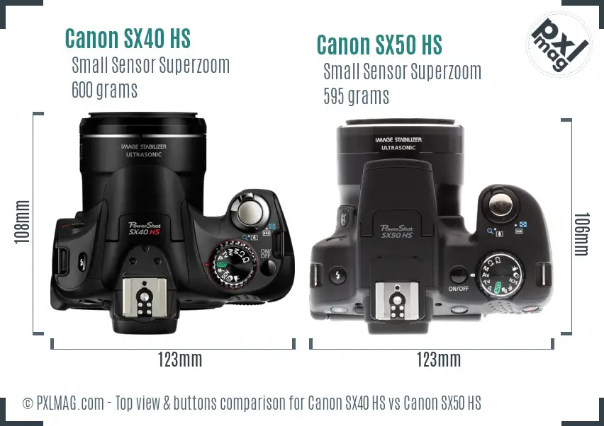 Canon SX40 HS vs Canon SX50 HS top view buttons comparison