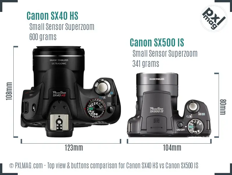 Canon SX40 HS vs Canon SX500 IS top view buttons comparison