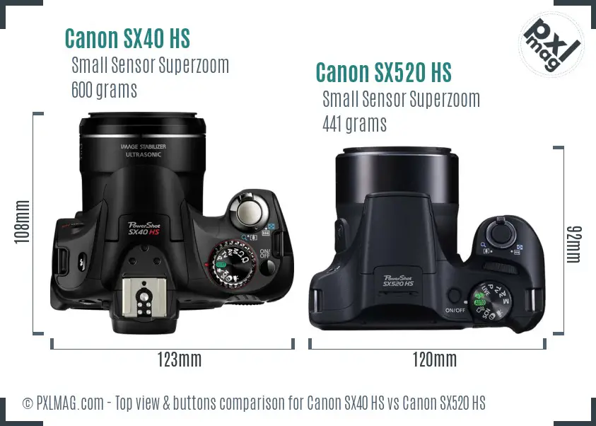 Canon SX40 HS vs Canon SX520 HS top view buttons comparison