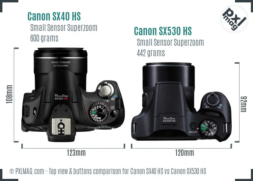 Canon SX40 HS vs Canon SX530 HS top view buttons comparison