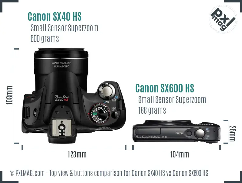 Canon SX40 HS vs Canon SX600 HS top view buttons comparison