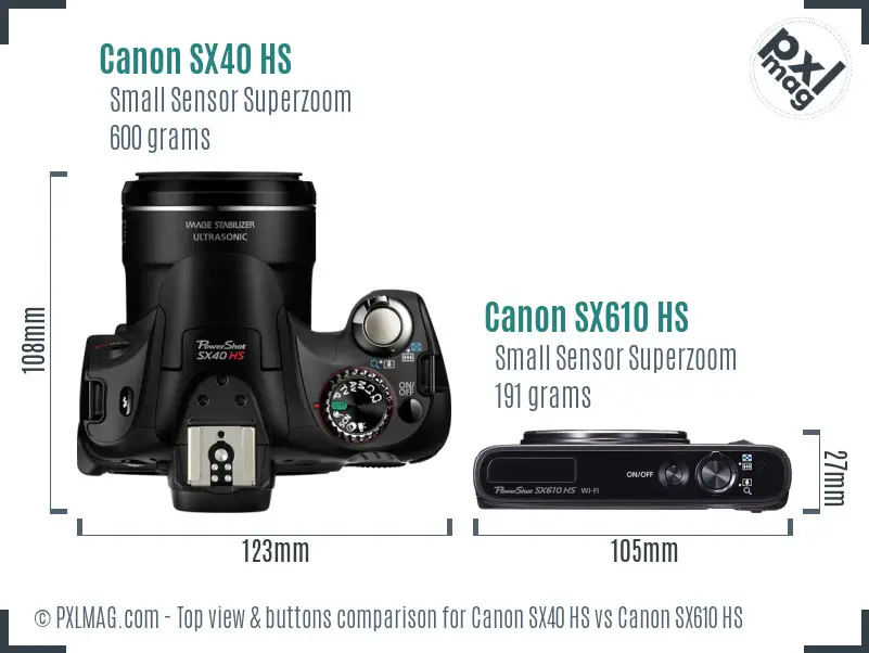Canon SX40 HS vs Canon SX610 HS top view buttons comparison