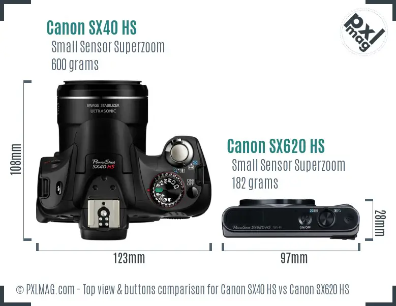Canon SX40 HS vs Canon SX620 HS top view buttons comparison