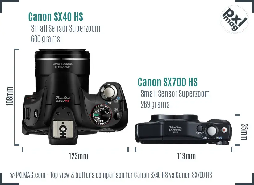 Canon SX40 HS vs Canon SX700 HS top view buttons comparison
