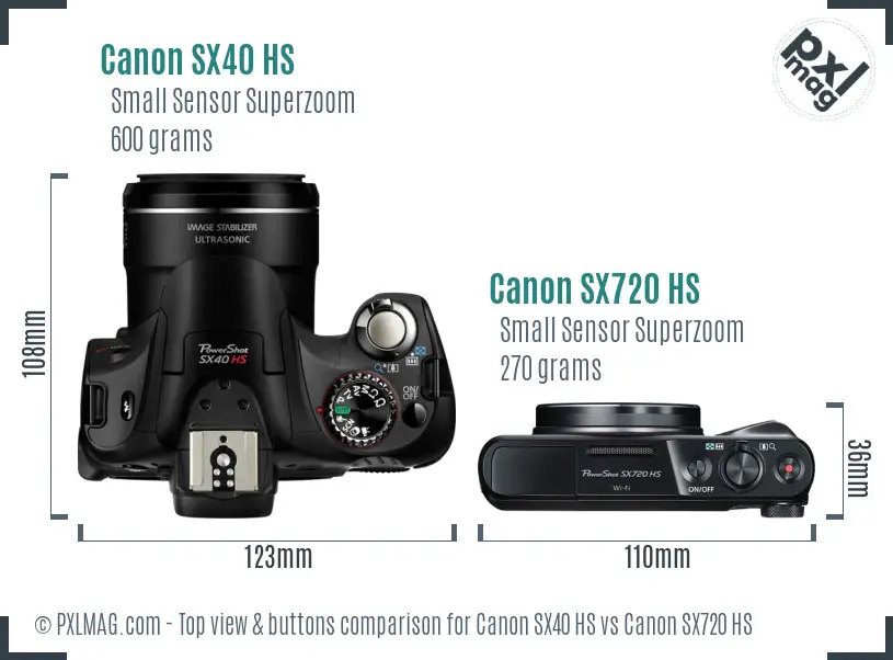 Canon SX40 HS vs Canon SX720 HS top view buttons comparison