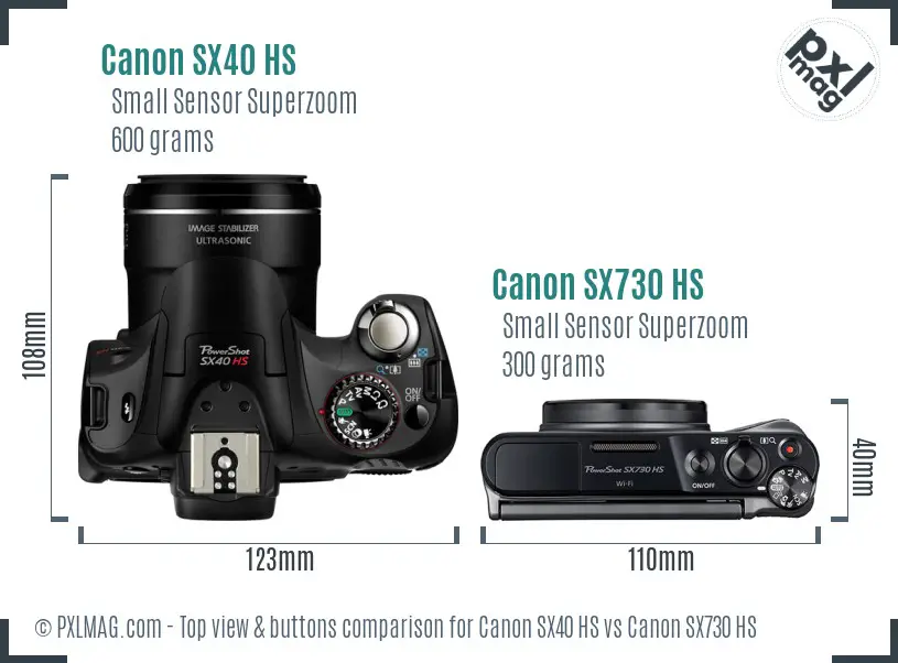 Canon SX40 HS vs Canon SX730 HS top view buttons comparison