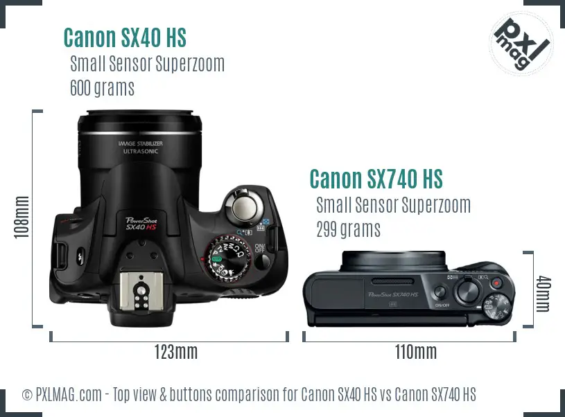 Canon SX40 HS vs Canon SX740 HS top view buttons comparison