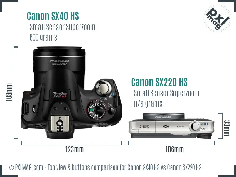 Canon SX40 HS vs Canon SX220 HS top view buttons comparison