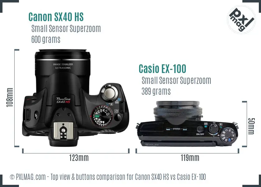 Canon SX40 HS vs Casio EX-100 top view buttons comparison