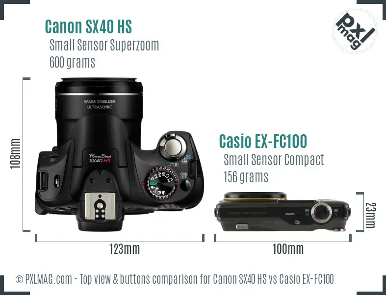 Canon SX40 HS vs Casio EX-FC100 top view buttons comparison