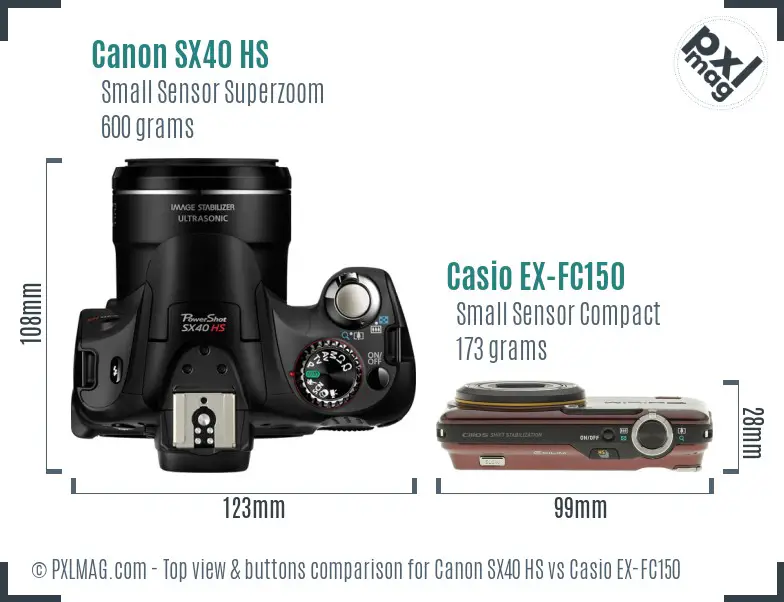 Canon SX40 HS vs Casio EX-FC150 top view buttons comparison