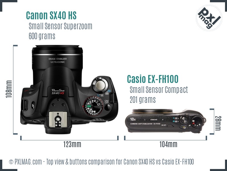 Canon SX40 HS vs Casio EX-FH100 top view buttons comparison