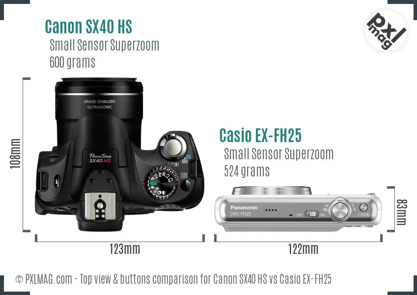 Canon SX40 HS vs Casio EX-FH25 top view buttons comparison