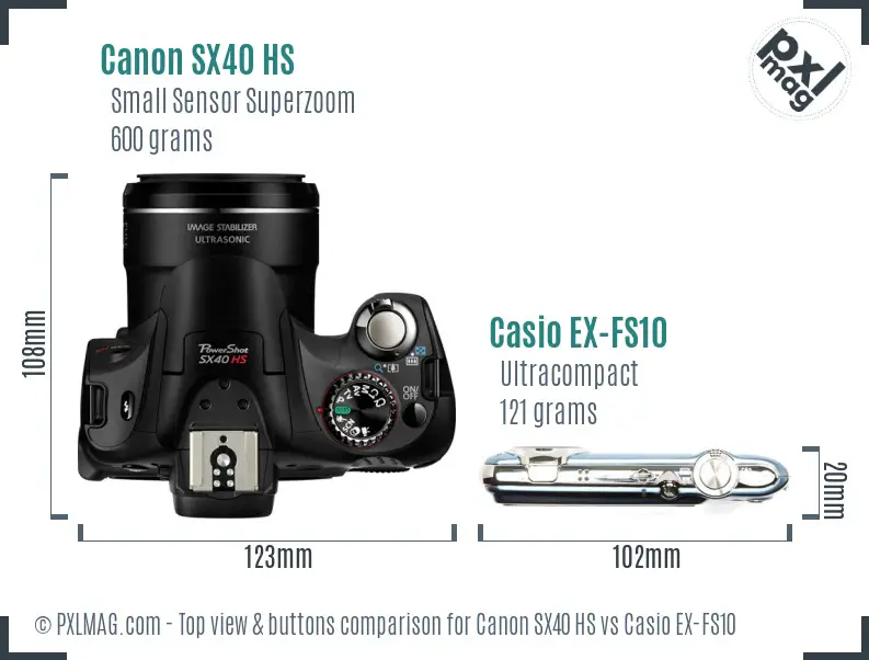 Canon SX40 HS vs Casio EX-FS10 top view buttons comparison