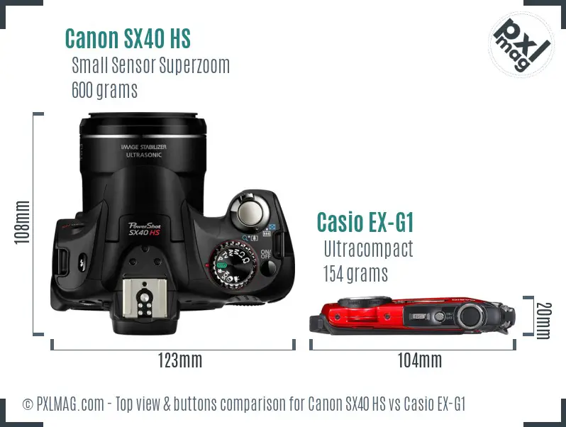 Canon SX40 HS vs Casio EX-G1 top view buttons comparison Canon SX40 HS vs Casio EX-G1 top view buttons comparison