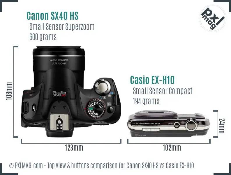 Canon SX40 HS vs Casio EX-H10 top view buttons comparison
