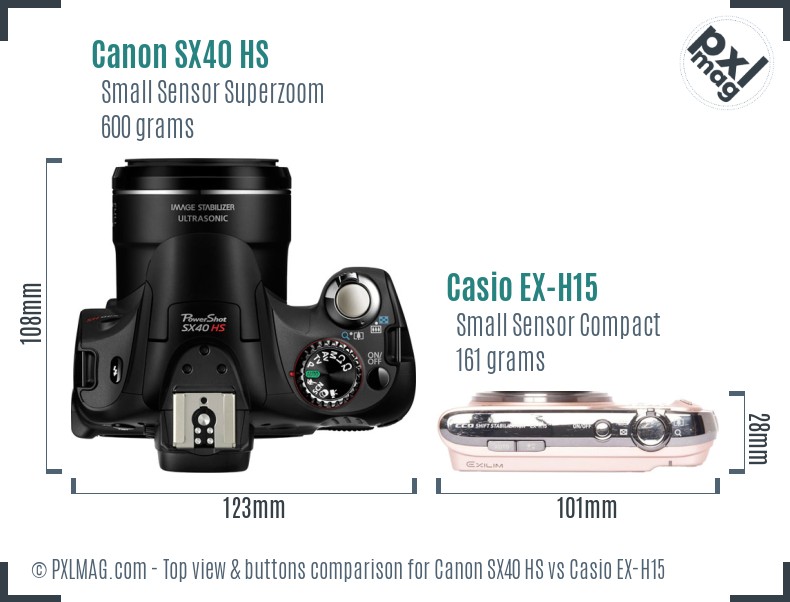 Canon SX40 HS vs Casio EX-H15 top view buttons comparison