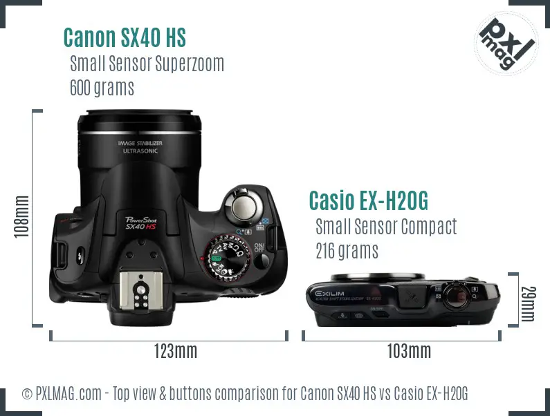 Canon SX40 HS vs Casio EX-H20G top view buttons comparison