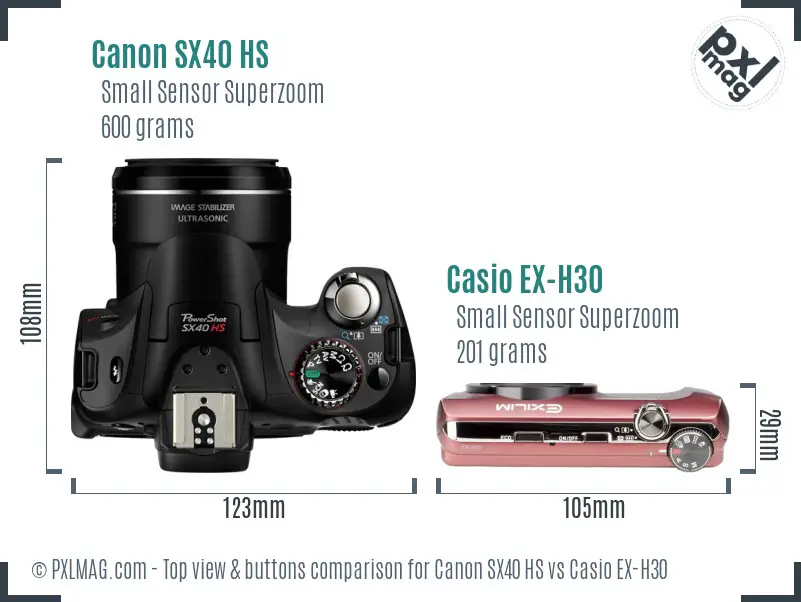 Canon SX40 HS vs Casio EX-H30 top view buttons comparison Canon SX40 HS vs Casio EX-H30 top view buttons comparison