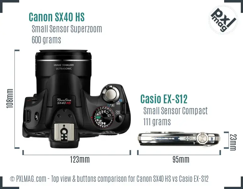 Canon SX40 HS vs Casio EX-S12 top view buttons comparison