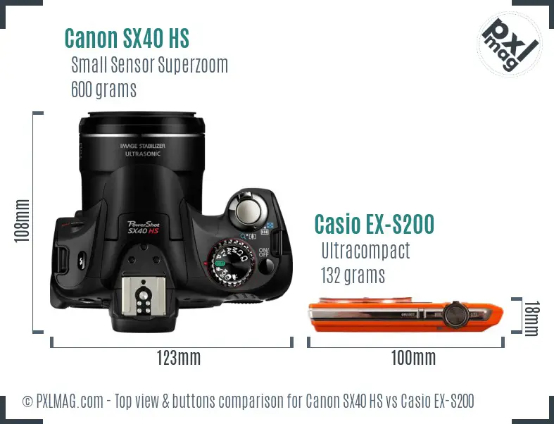 Canon SX40 HS vs Casio EX-S200 top view buttons comparison
