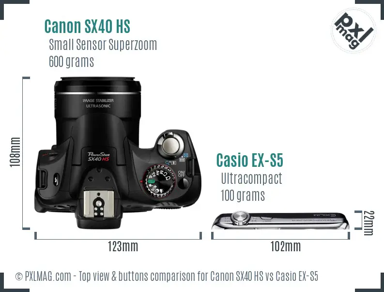 Canon SX40 HS vs Casio EX-S5 top view buttons comparison