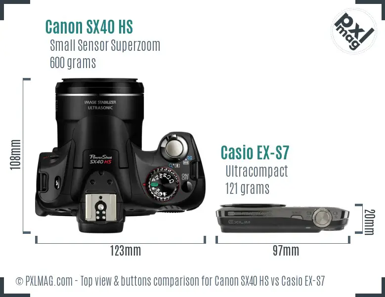 Canon SX40 HS vs Casio EX-S7 top view buttons comparison Canon SX40 HS vs Casio EX-S7 top view buttons comparison