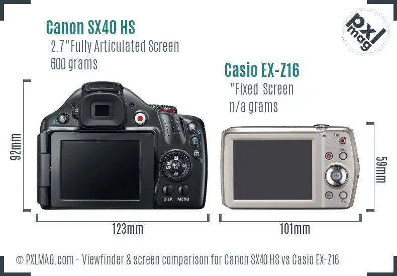 Canon SX40 HS vs Casio EX-Z16 Screen and Viewfinder comparison