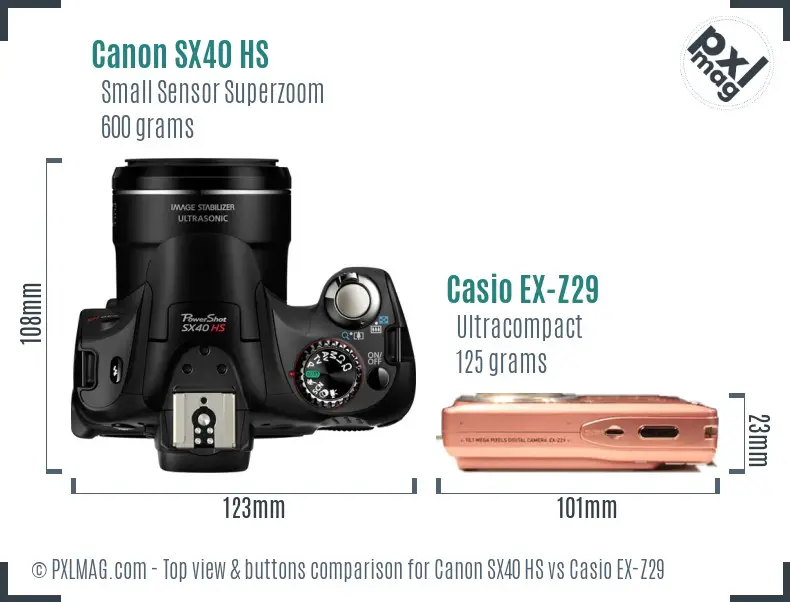 Canon SX40 HS vs Casio EX-Z29 top view buttons comparison