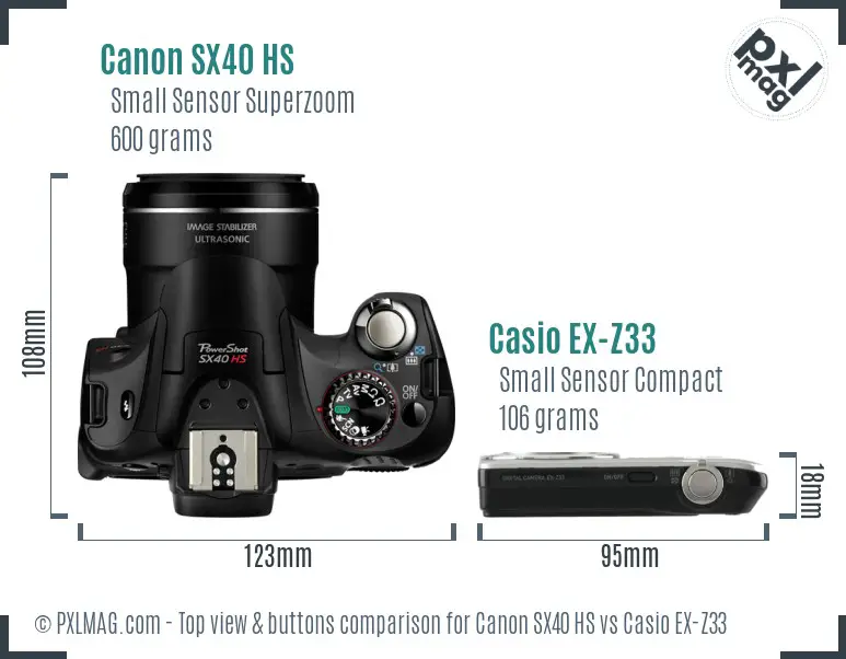 Canon SX40 HS vs Casio EX-Z33 top view buttons comparison