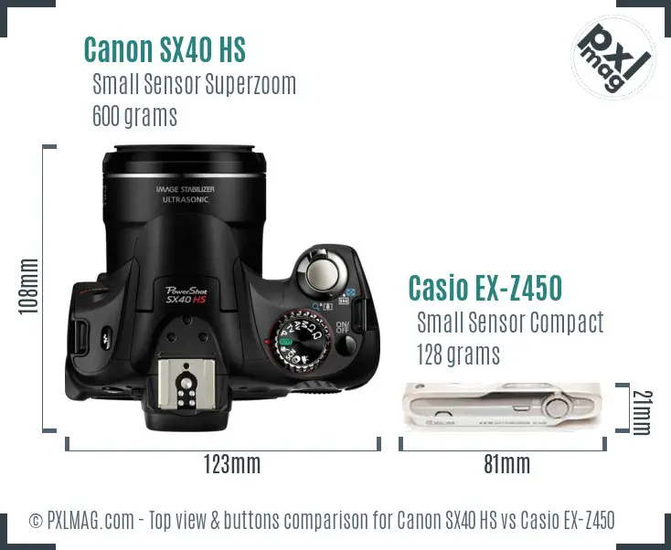 Canon SX40 HS vs Casio EX-Z450 top view buttons comparison
