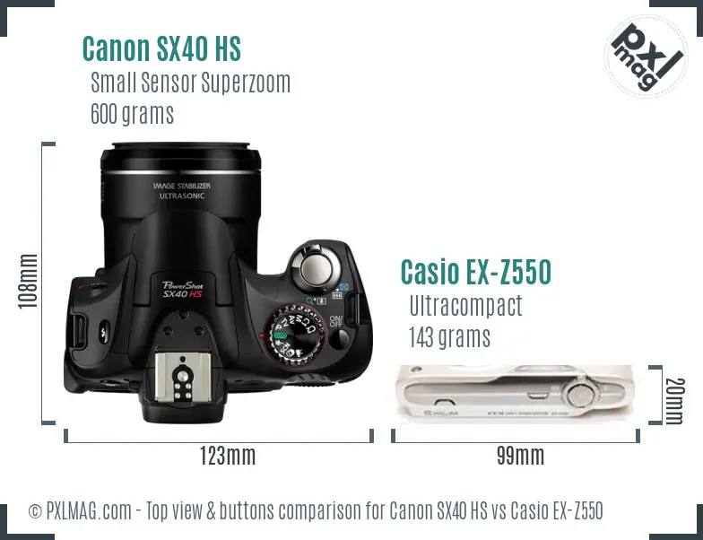 Canon SX40 HS vs Casio EX-Z550 top view buttons comparison