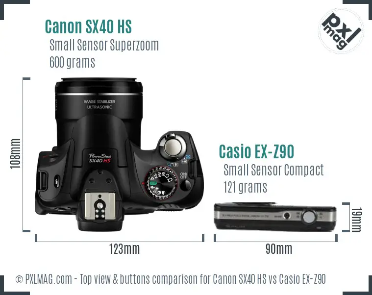 Canon SX40 HS vs Casio EX-Z90 top view buttons comparison