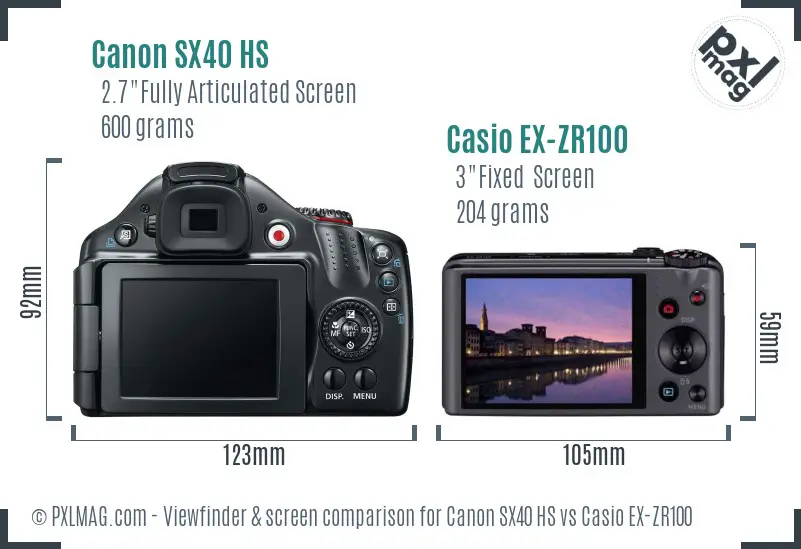 Canon SX40 HS vs Casio EX-ZR100 Screen and Viewfinder comparison