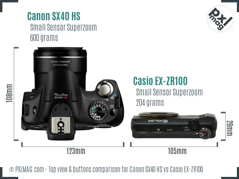 Canon SX40 HS vs Casio EX-ZR100 top view buttons comparison