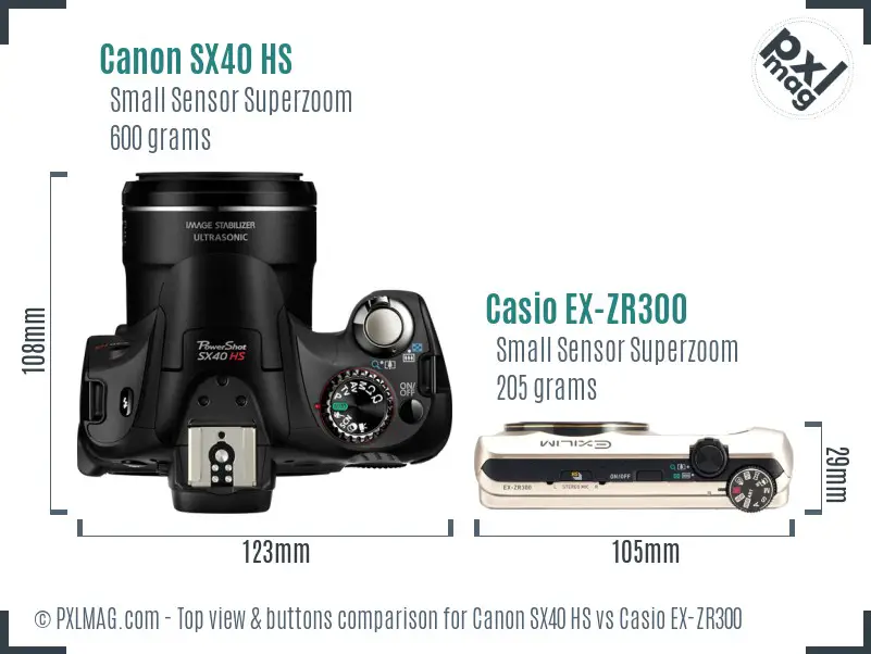 Canon SX40 HS vs Casio EX-ZR300 top view buttons comparison