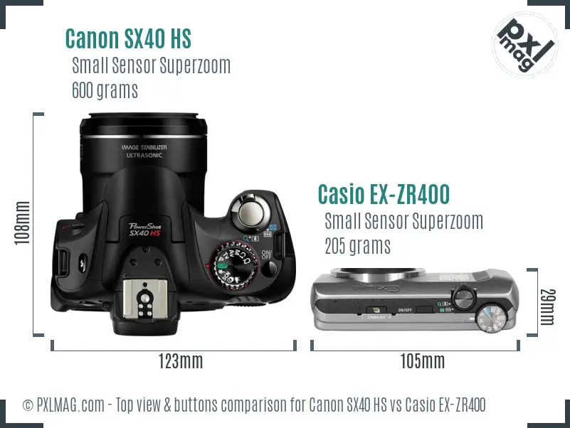 Canon SX40 HS vs Casio EX-ZR400 top view buttons comparison