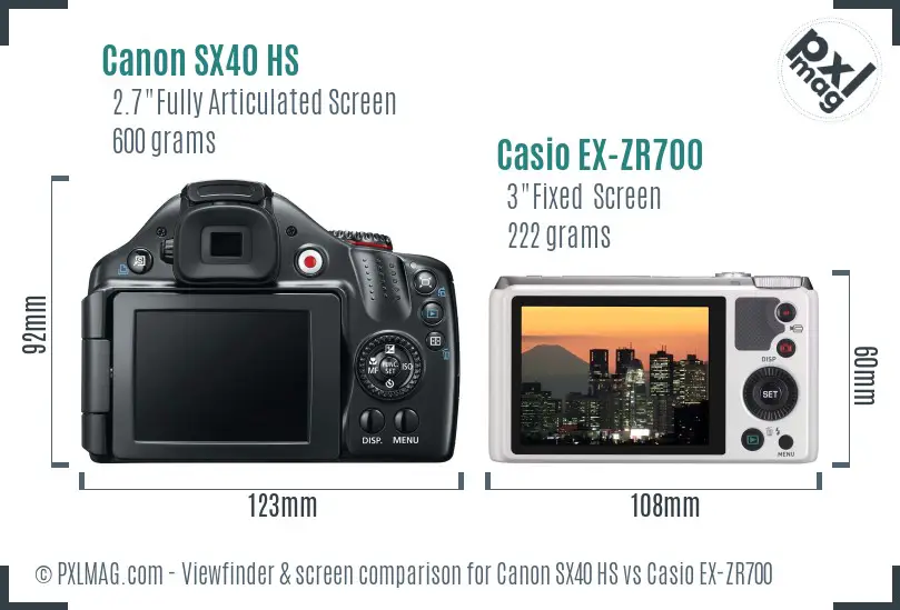 Canon SX40 HS vs Casio EX-ZR700 Screen and Viewfinder comparison