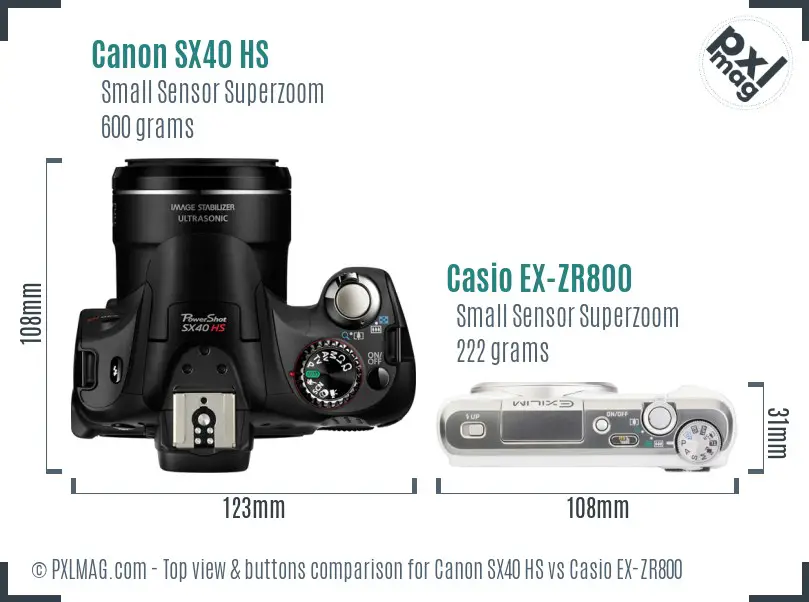 Canon SX40 HS vs Casio EX-ZR800 top view buttons comparison