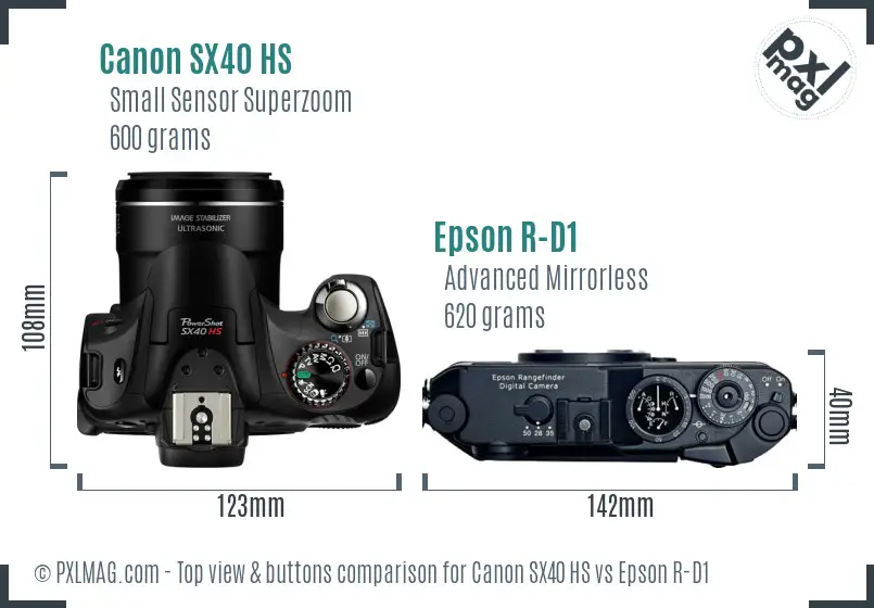 Canon SX40 HS vs Epson R-D1 top view buttons comparison Canon SX40 HS vs Epson R-D1 top view buttons comparison