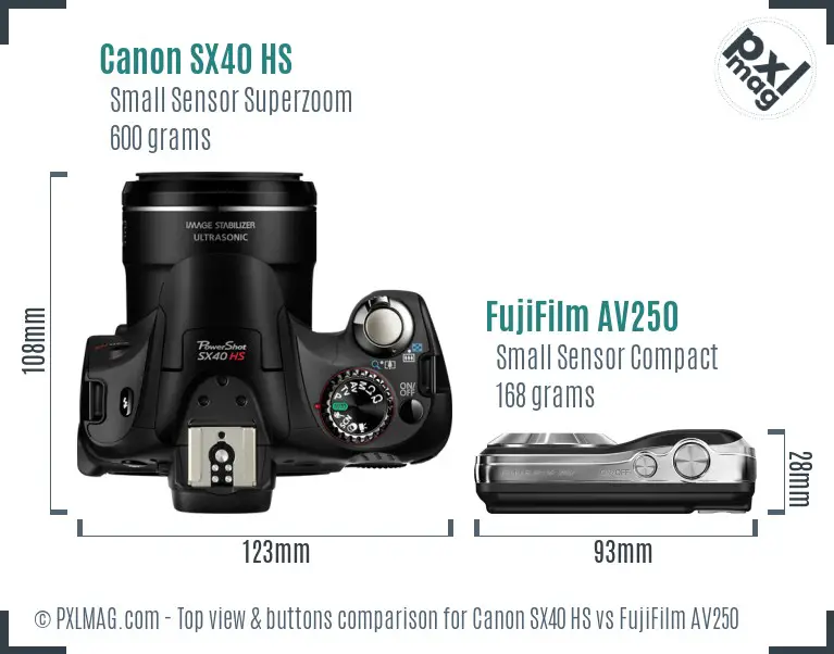 Canon SX40 HS vs FujiFilm AV250 top view buttons comparison