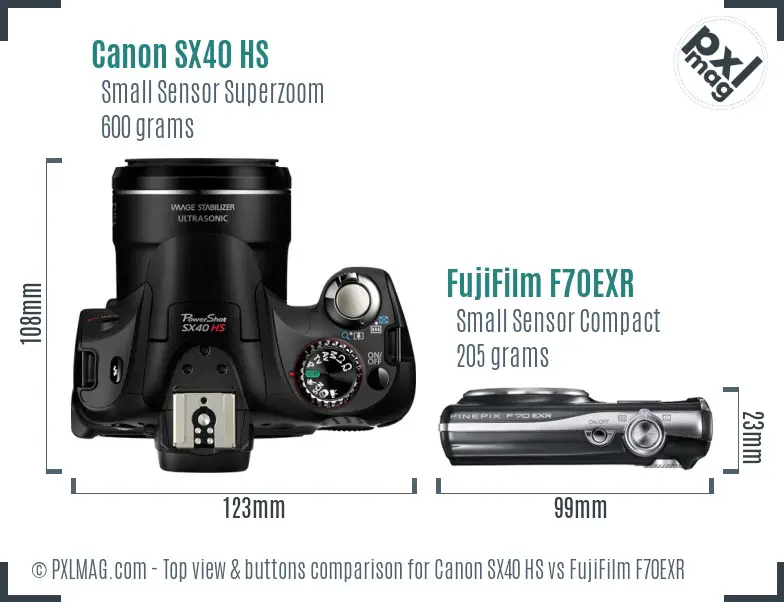 Canon SX40 HS vs FujiFilm F70EXR top view buttons comparison Canon SX40 HS vs FujiFilm F70EXR top view buttons comparison